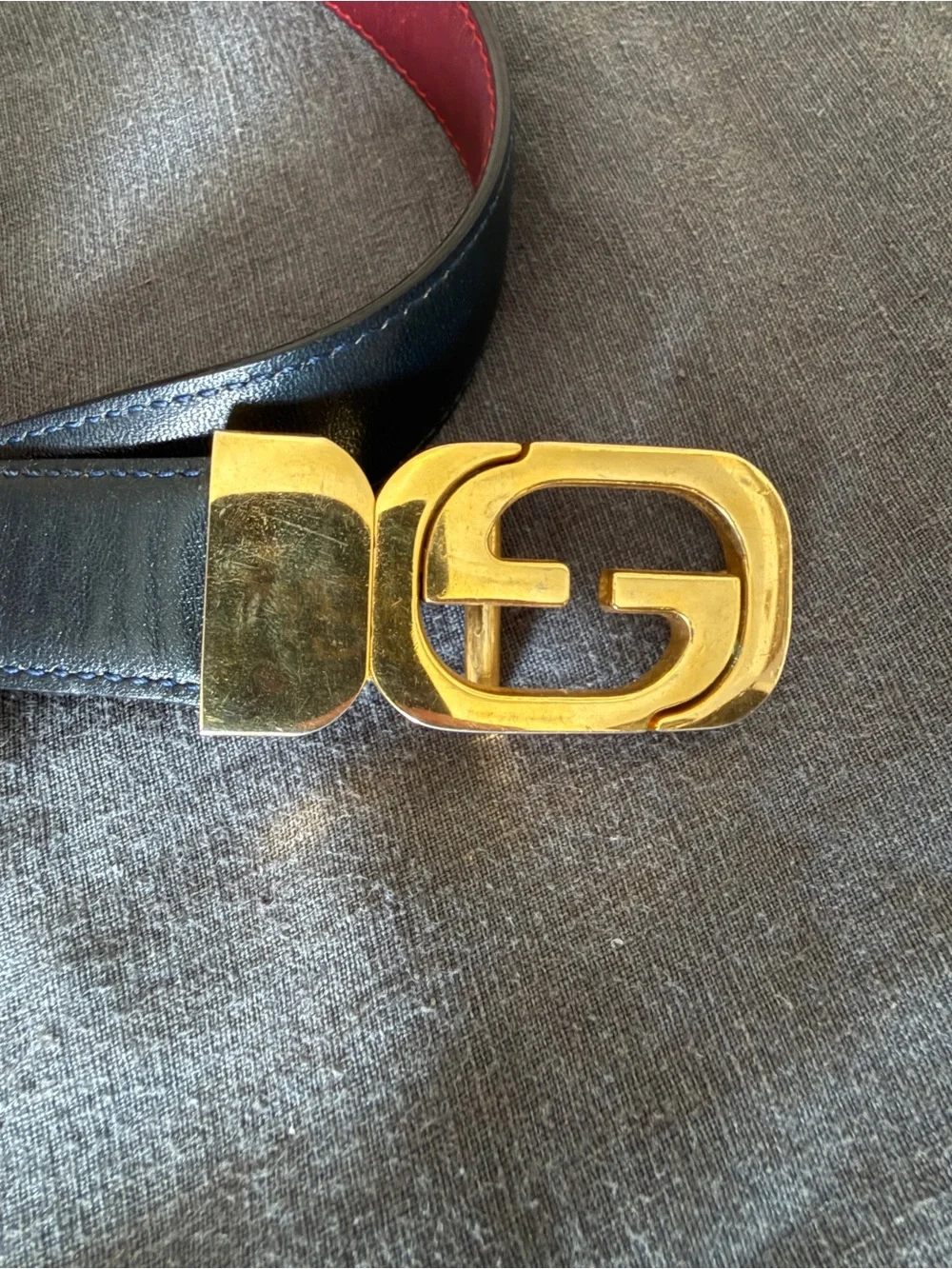 Vintage Gucci Navy Leather Belt Gold GG Logo Buckle Italy Unisex